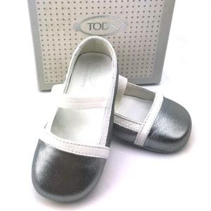 TOD'S BABY Italian Leather Ballerinas in Silver wi